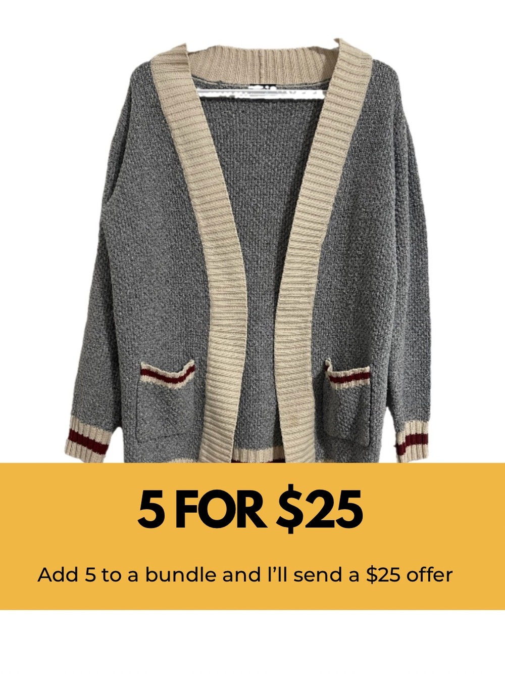 Ardene Gray Cardigan with Cream Trim and Maroon Stripe Detail
